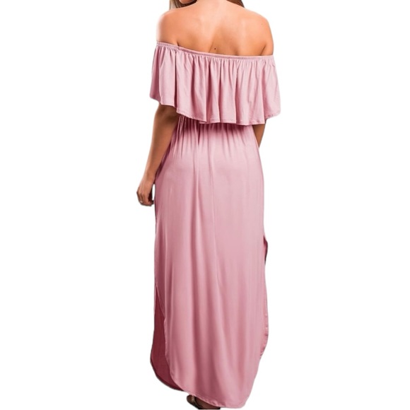 MAUVE Flowy Off The Shoulder Ruffle Party Dress Side Split Beach Maxi + POCKETS! - Picture 4 of 17